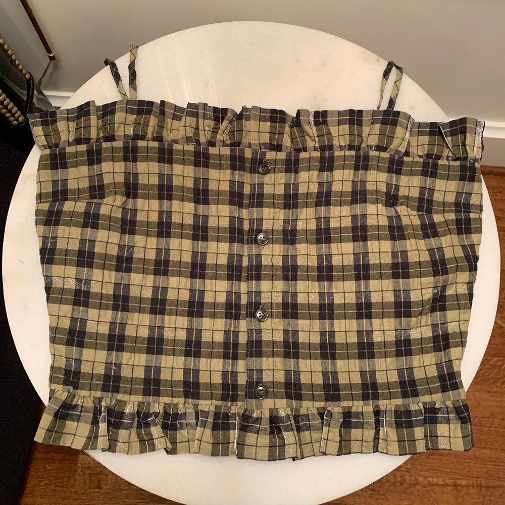 Ganni Green Plaid Spaghetti Strap Crop Top